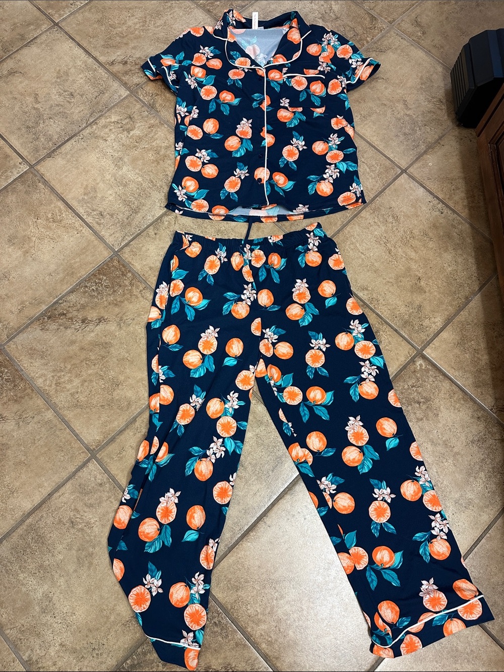 Women’s Navy Orange Fruit-Print Pajama Set